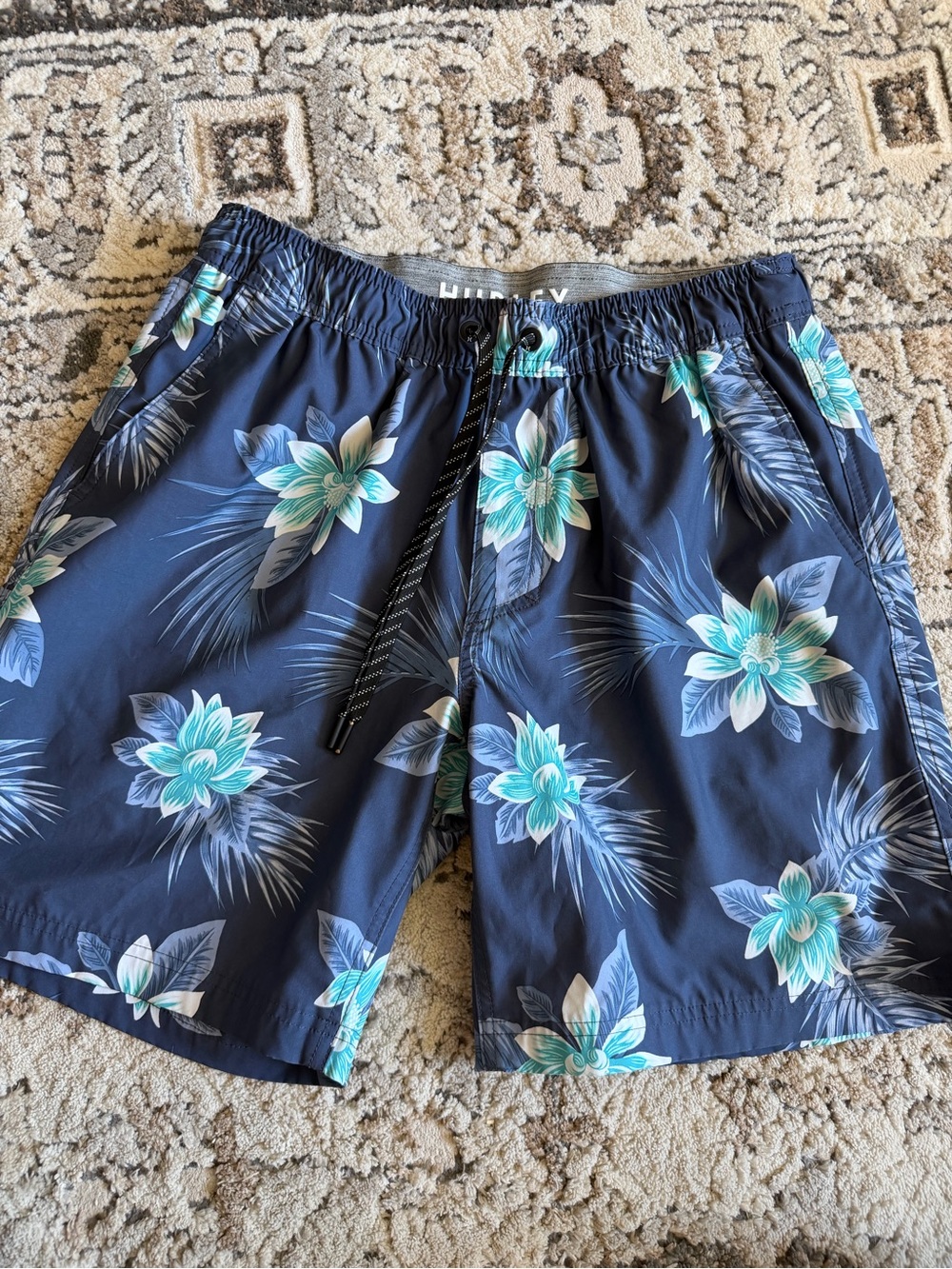 Hurley Navy Swim Trunks with Aqua Floral Print